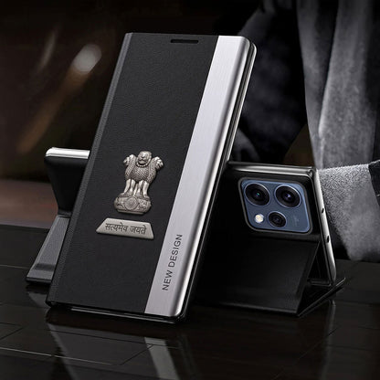 Oppo Reno 15 5G Satyamev Jayate Metal Emblems Flip Leather Case