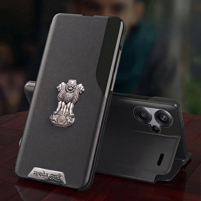 Redmi Note 13 Pro+ 5G Metal Satyamev Jayate 2-in-1 Emblem Half-Window Leather Flip Case