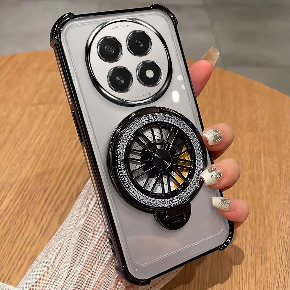Phone case with ring holder held by a hand on a wooden surface