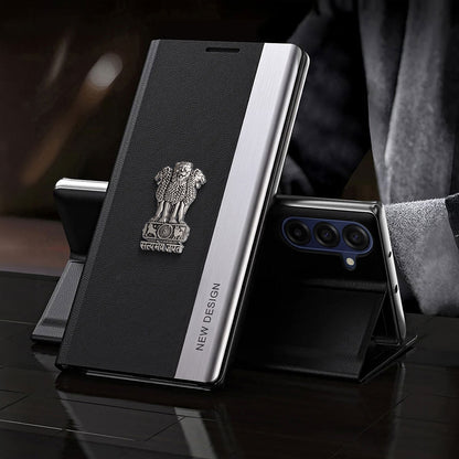 Samsung Galaxy A57 5G Satyamev Jayate Metal Emblems Flip Leather Case
