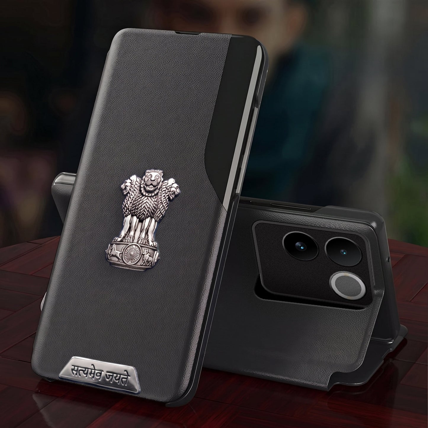 Vivo T2 Pro 5G Metal Satyamev Jayate 2-in-1 Emblem Half-Window Leather Flip Case