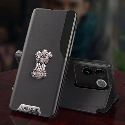 Vivo T2 Pro 5G Metal Satyamev Jayate 2-in-1 Emblem Half-Window Leather Flip Case