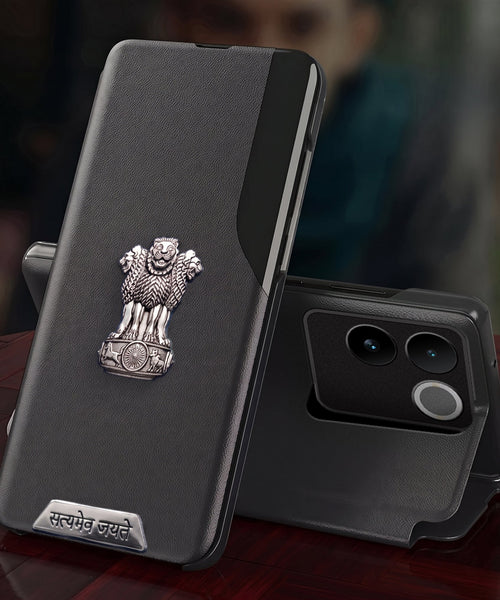 Vivo T2 Pro 5G Metal Satyamev Jayate 2-in-1 Emblem Half-Window Leather Flip Case