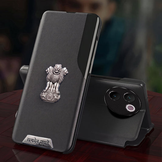 Vivo V30e 5G Metal Satyamev Jayate 2-in-1 Emblem Half-Window Leather Flip Case