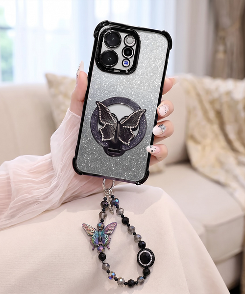 Vivo V70 5G Luxury Shimmer Airbag Butterfly Stand Case with Charm Strap
