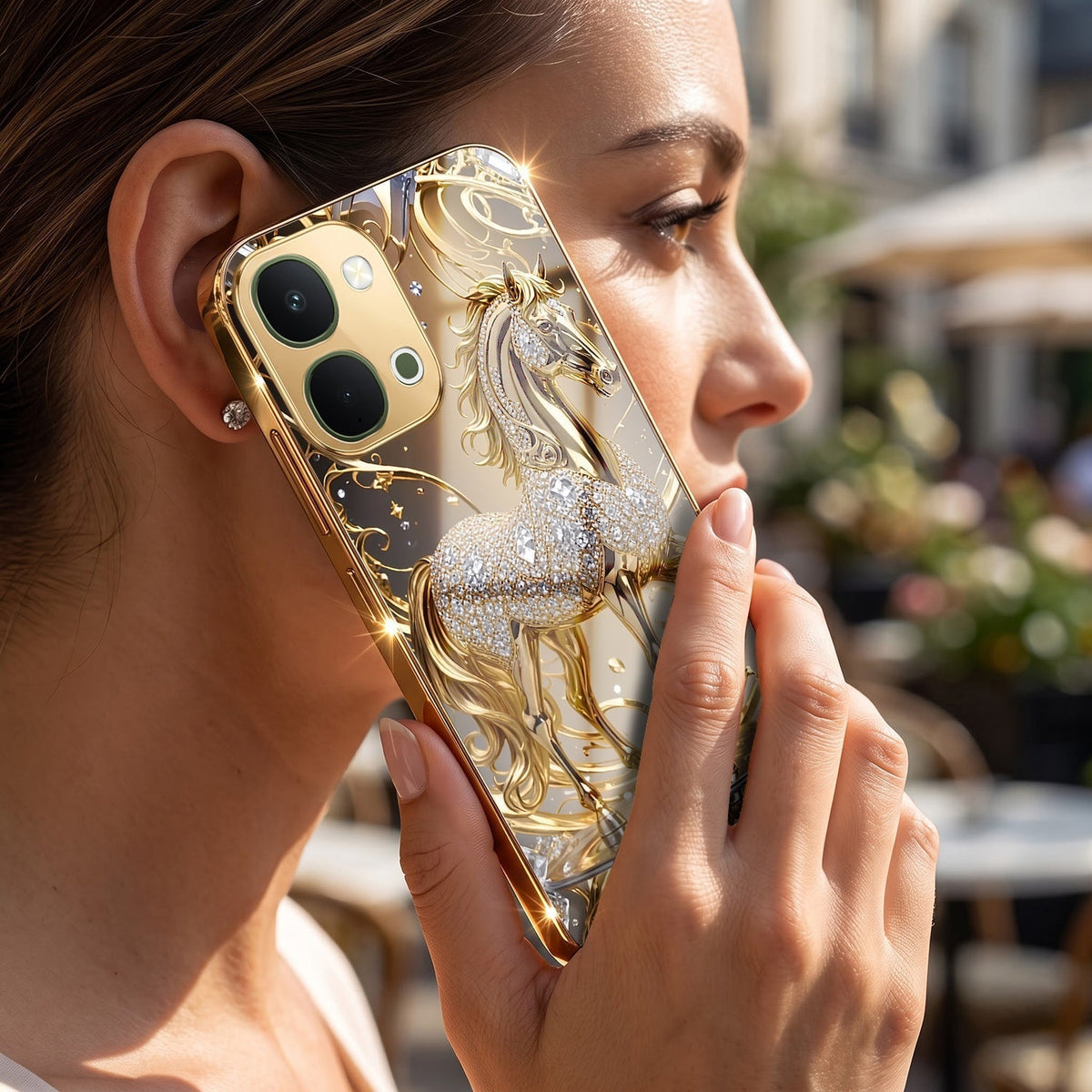 Vivo Y51 Pro 5G Luxury Horse Texture Gold Electroplated Glass Phone Back Case