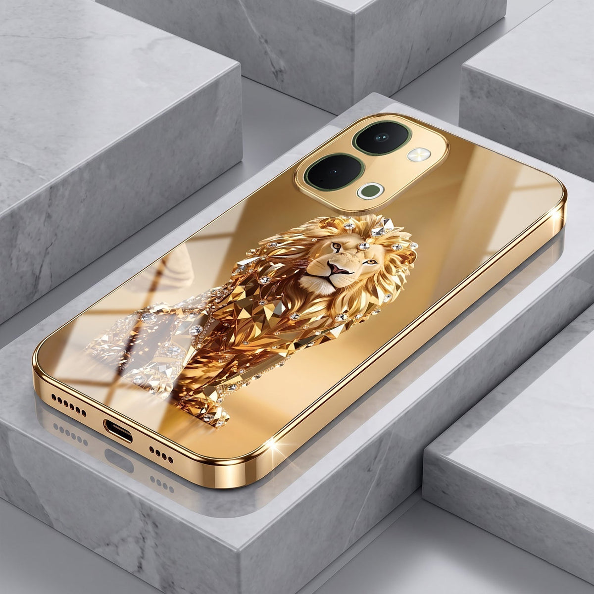 Vivo Y51 Pro 5G Luxury Lion Gold Electroplated Glass Phone Back Case