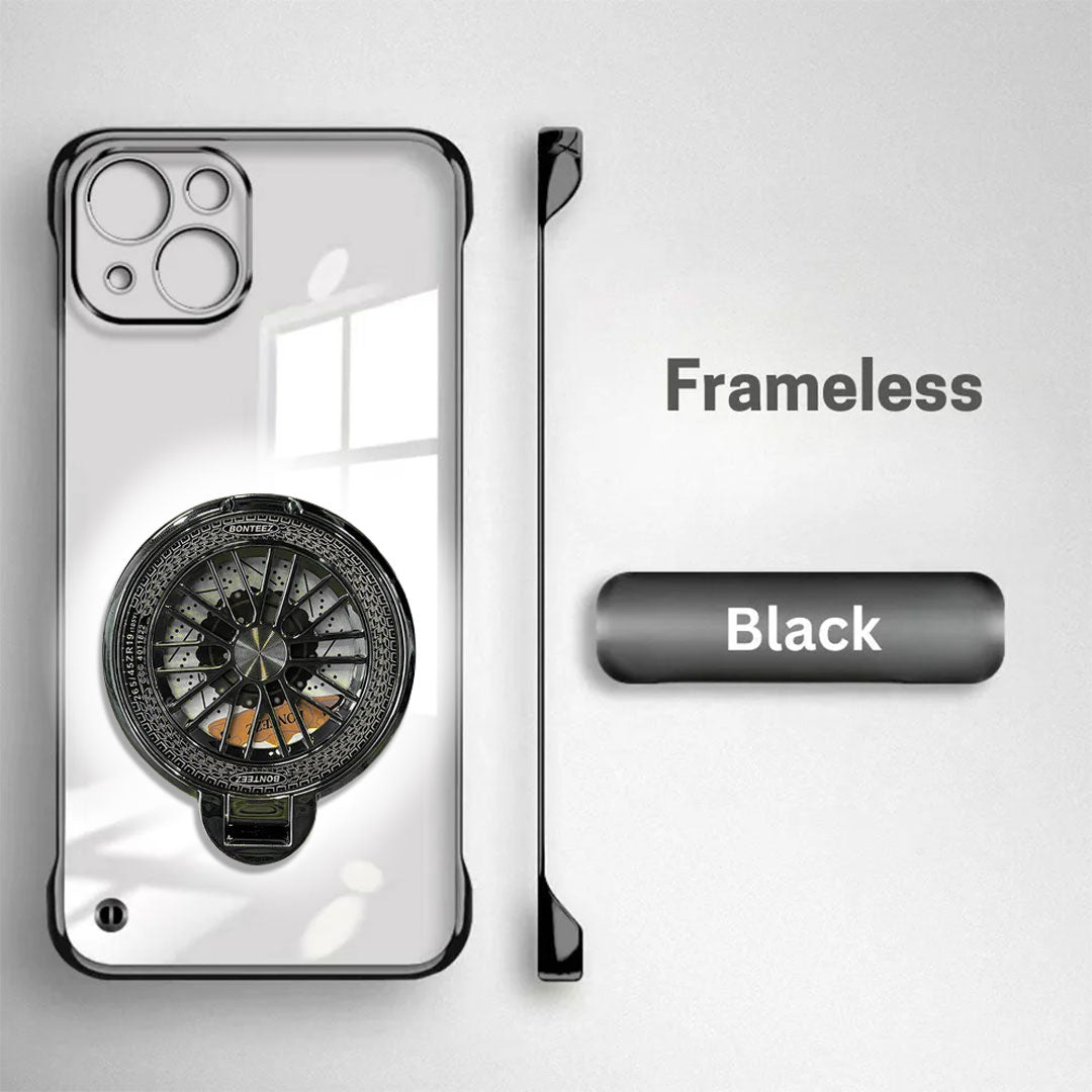 iPhone 15 Plus Black frameless phone case with a detailed design on a white background