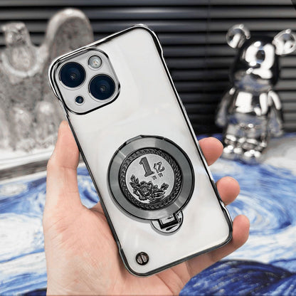 iPhone 15 Plus Phone case with a ring holder held by a hand, with a decorative background