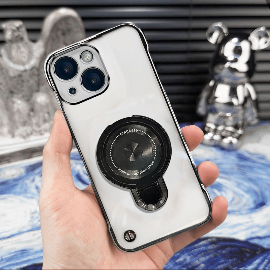 iPhone 15 Plus Phone case with Magsafe ring holder held by a hand against a decorative background
