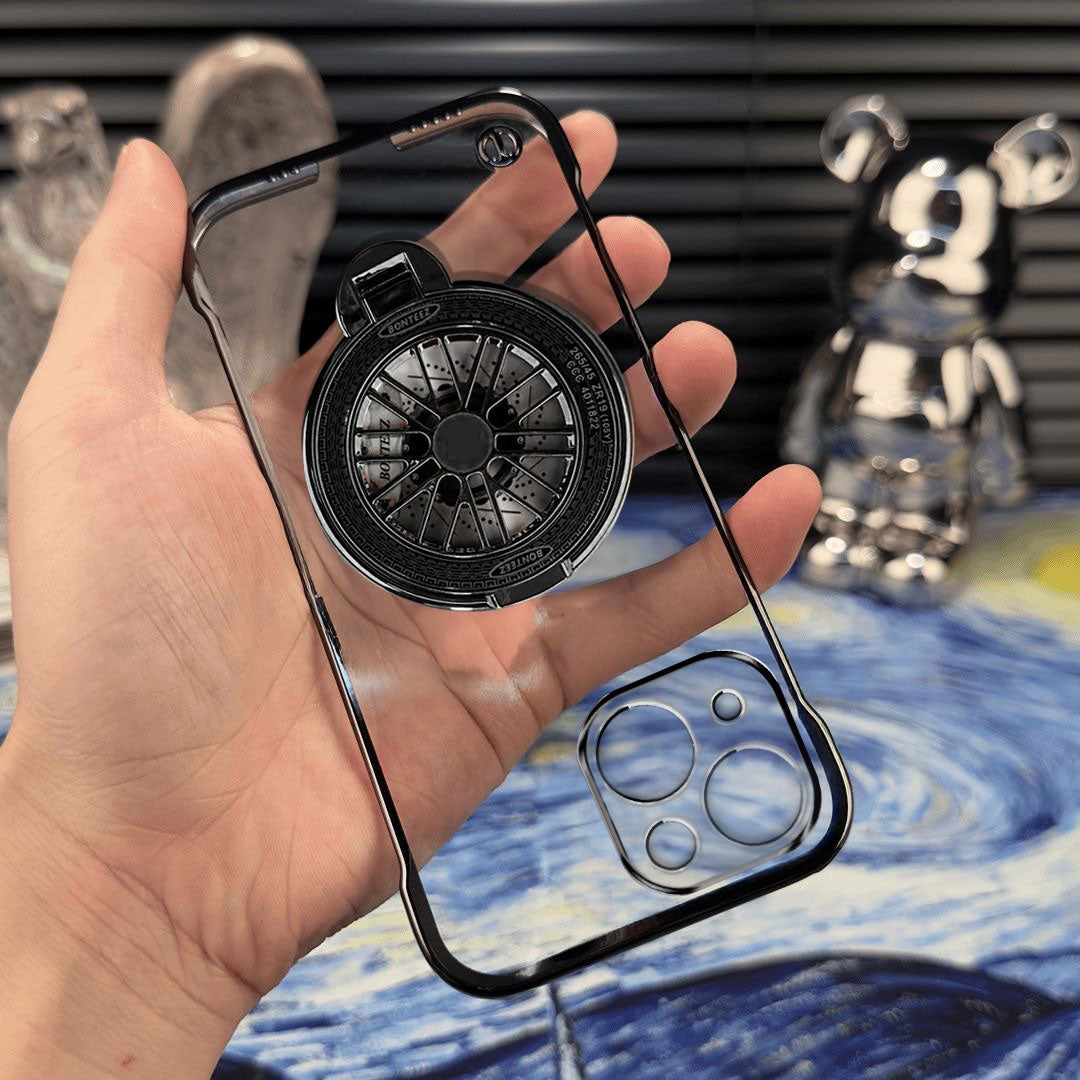 Hand holding a iPhone 15 Plus black phone case with unique design, blurred background