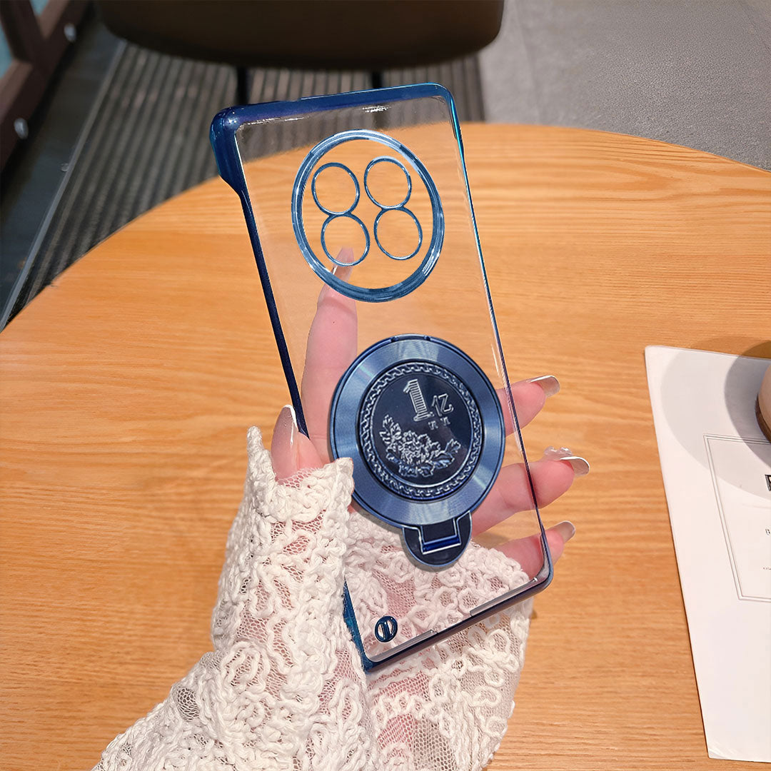 Realme 13 Pro+ 5G Clear phone case with blue accents held by a hand on a wooden table.