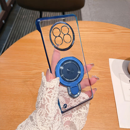 Realme 13 Pro+ 5G Clear phone case with blue accents held by a hand on a wooden table.