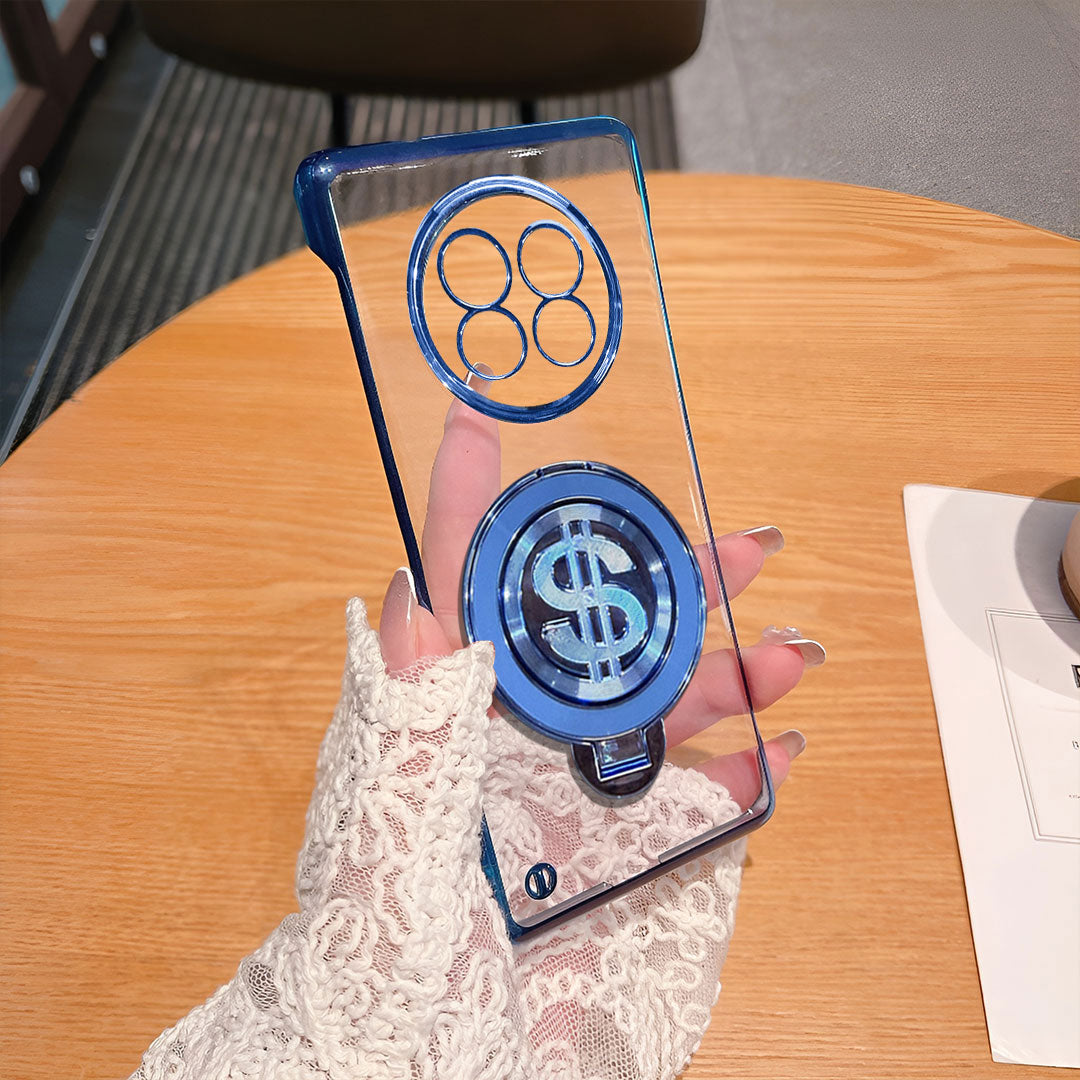 Realme 13 Pro+ 5G Clear phone case with blue accents held by a hand on a wooden table.