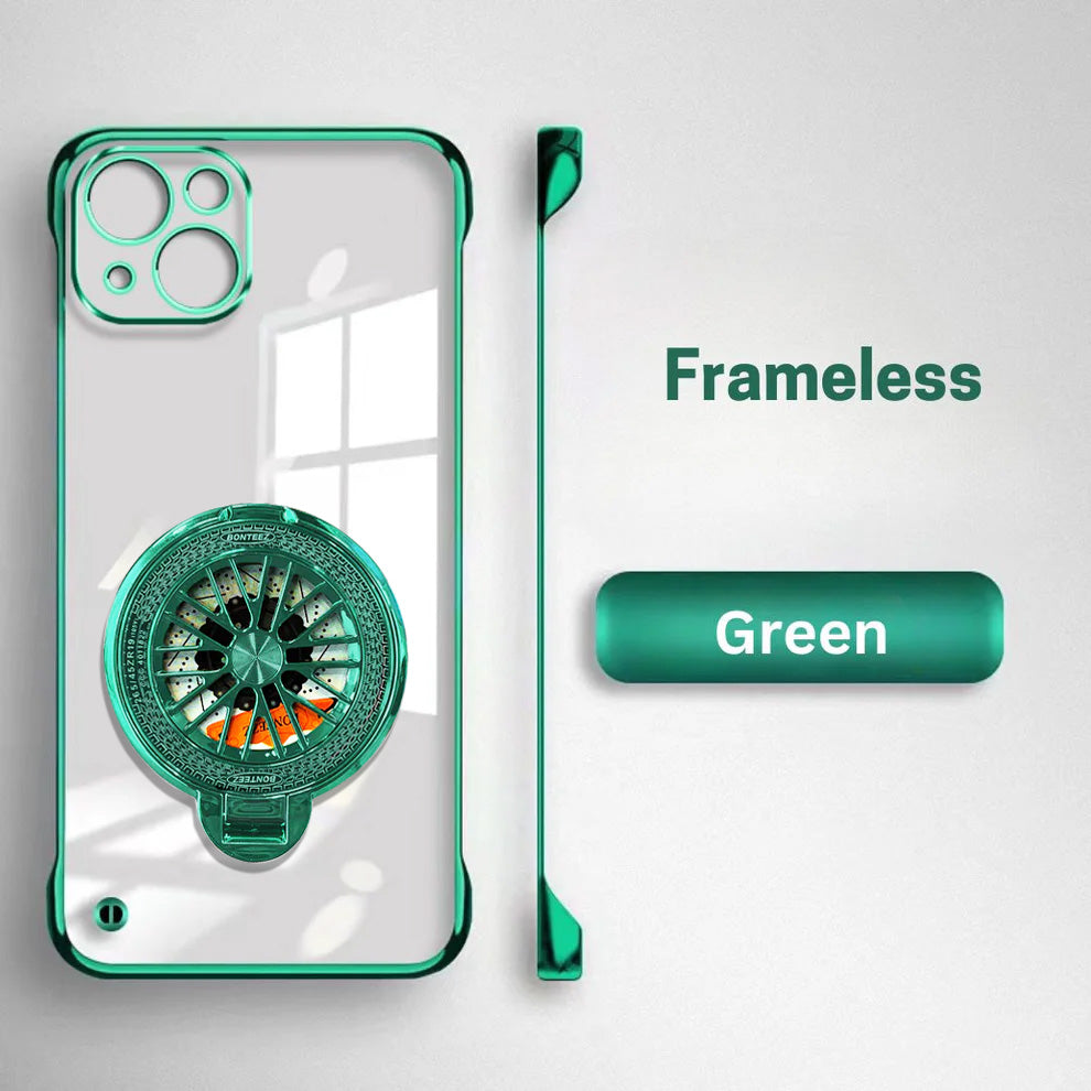 iPhone 15 Plus Green frameless phone case with clear back on a light gray background