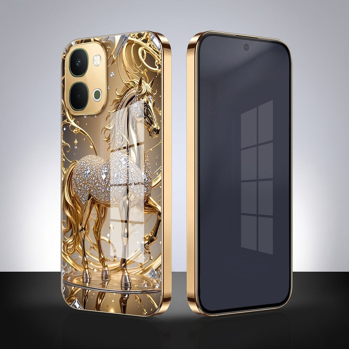 Vivo Y51 Pro 5G Luxury Horse Texture Gold Electroplated Glass Phone Back Case