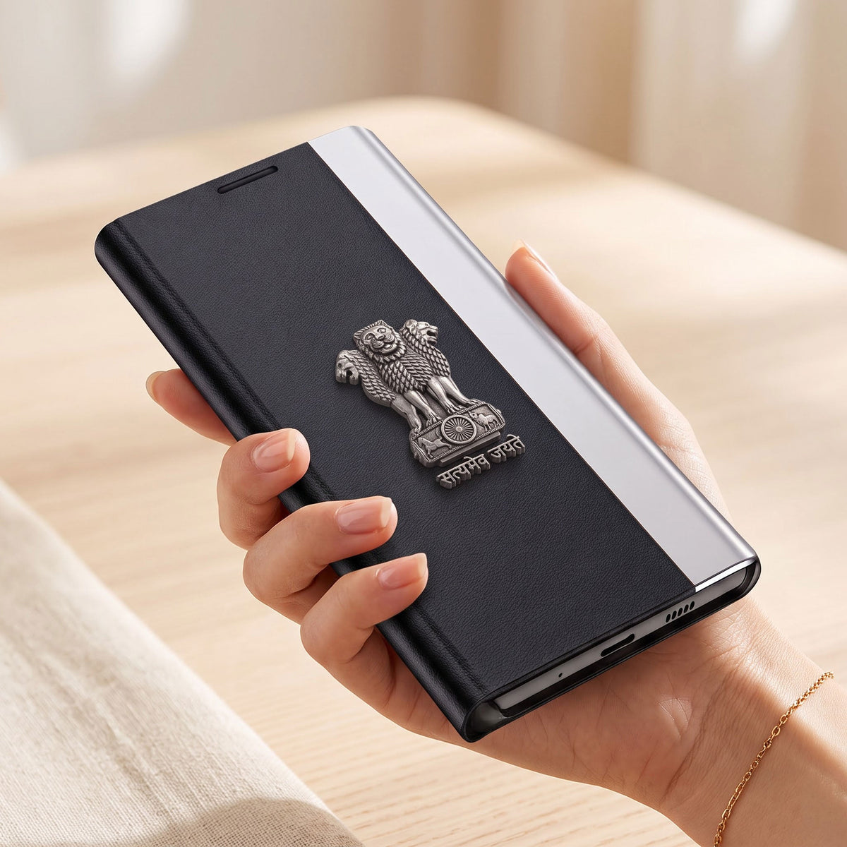 Oppo Reno 15 5G Satyamev Jayate Metal Emblems Flip Leather Case