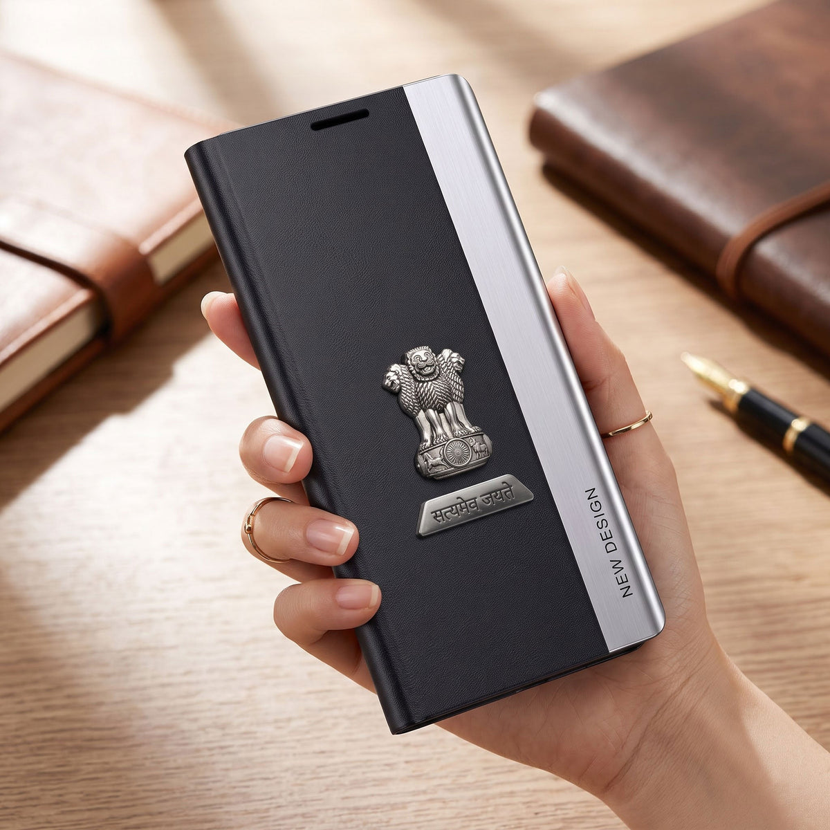 Oppo Reno 13 Pro 5G Satyamev Jayate Metal Emblems Flip Leather Case