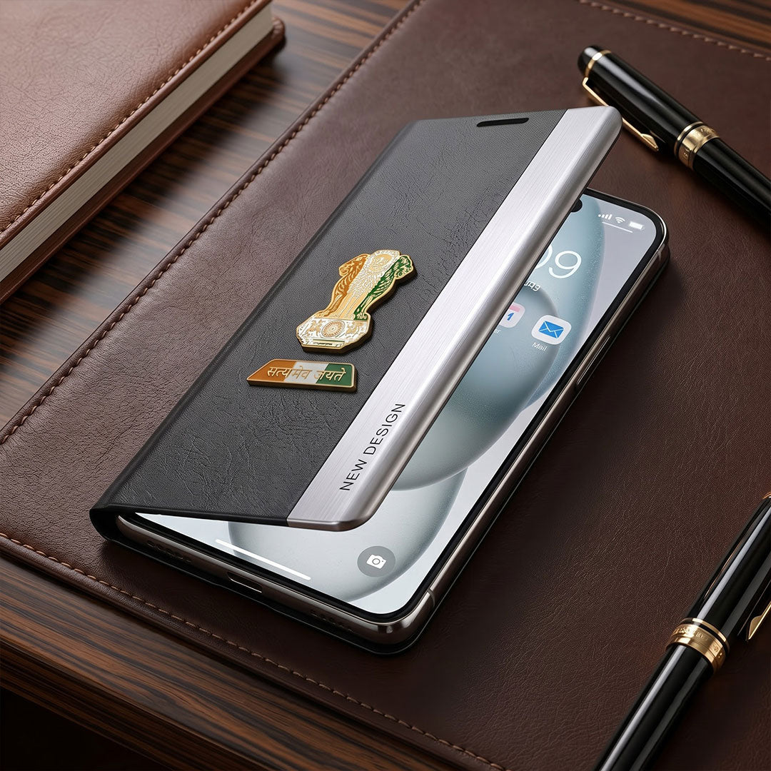 Oppo Reno 15 5G Satyamev Jayate Metal Emblems Flip Leather Case