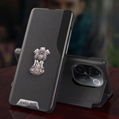 Vivo T3 Pro 5G Metal Satyamev Jayate 2-in-1 Emblem Half-Window Leather Flip Case