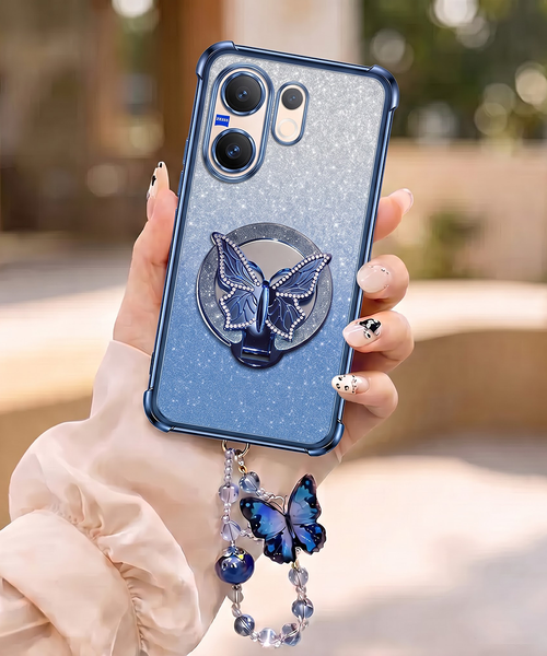 Vivo V60 5G Luxury Shimmer Airbag Butterfly Stand Case with Charm Strap